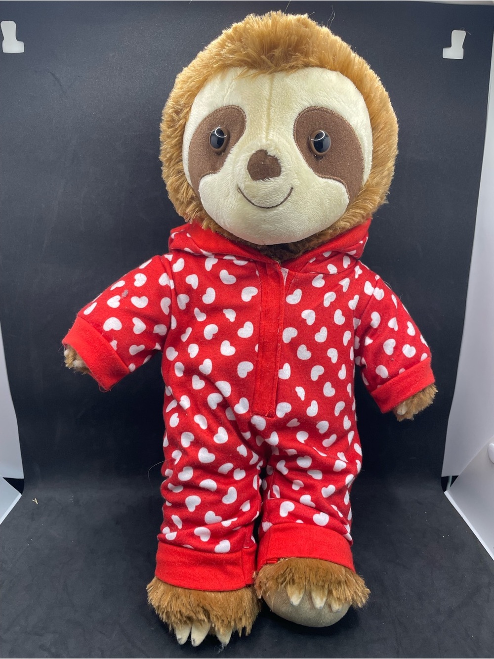 Build-A-Bear Workshop Sloth Plush 16” Red White Heart Hooded Sleeper Outfit BAB
